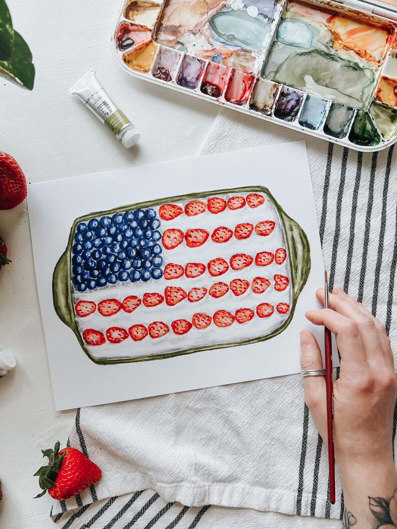 American Flag Cake Print, 4th of July Painting, Watercolor Print, Summer Decor, Summer Watercolor, Art Print image 2