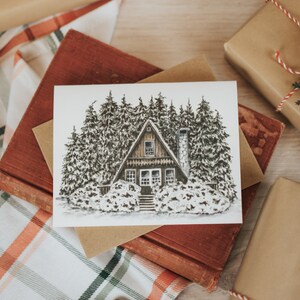 Carte de cabine A-frame enneigée, Cabine A-frame, Aquarelle d’hiver, Arbres enneigés, Vacances, Carte de vœux