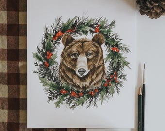 Bear Wreath Watercolor Art Print