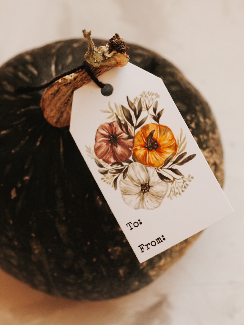 May include: A white gift tag with a floral design featuring pink, orange, and white flowers. The tag has the words "To:" and "From:" printed on it. The tag is tied to a green pumpkin.