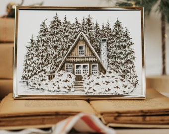 Snowy A-Frame Cabin Watercolor Print