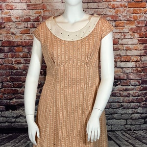 Daisy Print, Rhinestone Round Neckline, Cotton Dress, Brown/White, Size 12
