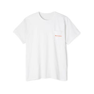 Minimal Tiny Pocket Text Tee | White Pocket T-Shirt, Subtle Red Script