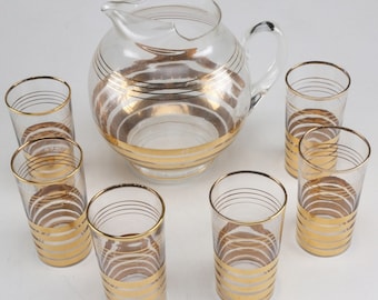 Gold Mid Century Hollywood Regency Glassware Set // Pitcher & Glasses