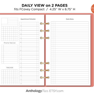 Puede incluir: Una página de planificador diario imprimible diseñada para adaptarse al tamaño FCovey Compact, que mide 10,8 cm de ancho por 17,1 cm de alto. La página está dividida en dos secciones: un lado izquierdo con secciones para citas, una lista de tareas prioritarias y un rastreador, y un lado derecho para notas diarias.