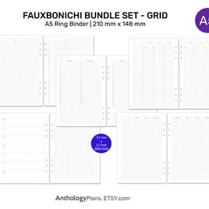 May include: A set of printable A5 grid paper planner inserts for a ring binder. The paper is divided into 3.7 mm squares. The text on the image reads "Fauxbonichi Bundle Set - Grid, A5 Ring Binder | 210 mm x 148 mm, 3.7 mm x 3.7 mm Grid Sz, AnthologyPlans. ETSY.com, A5".