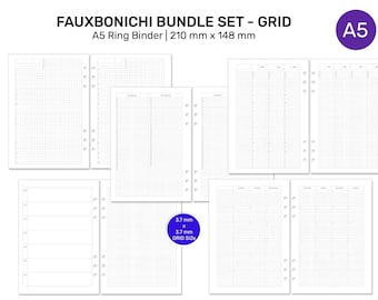 A5 Ring Hobonichi-Inspired Bundle Set - 3.7 mm size GRID - Monthly, Weekly, Year at A Glance, Daily, Minimalist Functional Printable Planner