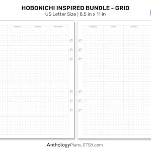 May include: A printable grid planner page in US Letter size, 8.5 inches by 11 inches, with a grid pattern and days of the week labeled. The page is designed to be used as a weekly planner.