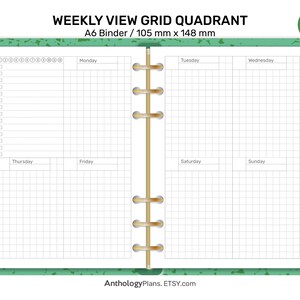Könnte beinhalten: Eine grüne A6-Binder-Planerseite mit einem Wochenplan-Rasterquadranten. Die Seite ist in sieben Spalten für jeden Tag der Woche unterteilt, mit einem Rastermuster zum Schreiben von Notizen und Terminen. Die Seite ist mit den Wochentagen beschriftet: Montag, Dienstag, Mittwoch, Donnerstag, Freitag, Samstag und Sonntag.
