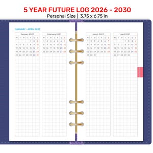 May include: Open planner with a blue cover and gold binding. The pages display a 5-year future log from 2026-2030, with calendar grids for each month. The personal size is 3.75 x 6.75 inches.