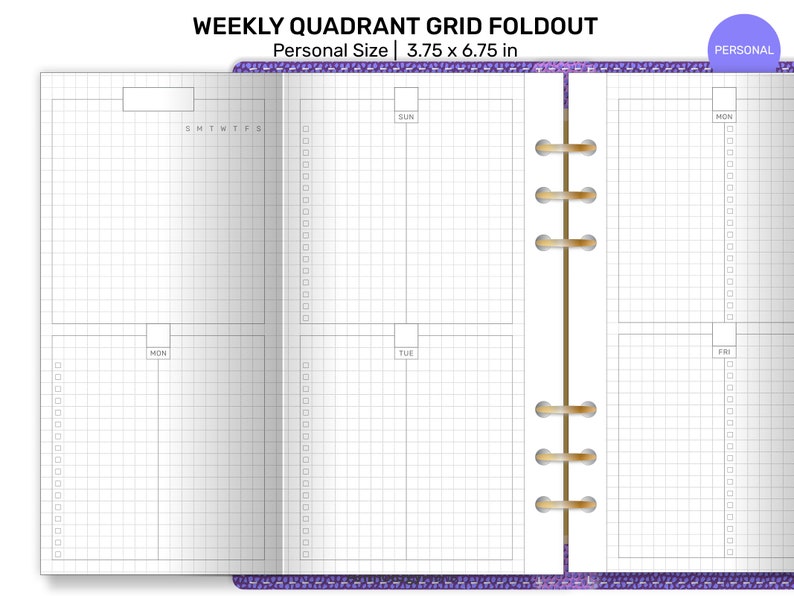 May include: A weekly quadrant grid foldout planner in personal size, measuring 3.75 x 6.75 inches. The planner features a grid layout with sections for each day of the week, including checkboxes and space for notes. The text "WEEKLY QUADRANT GRID FOLDOUT" is visible.