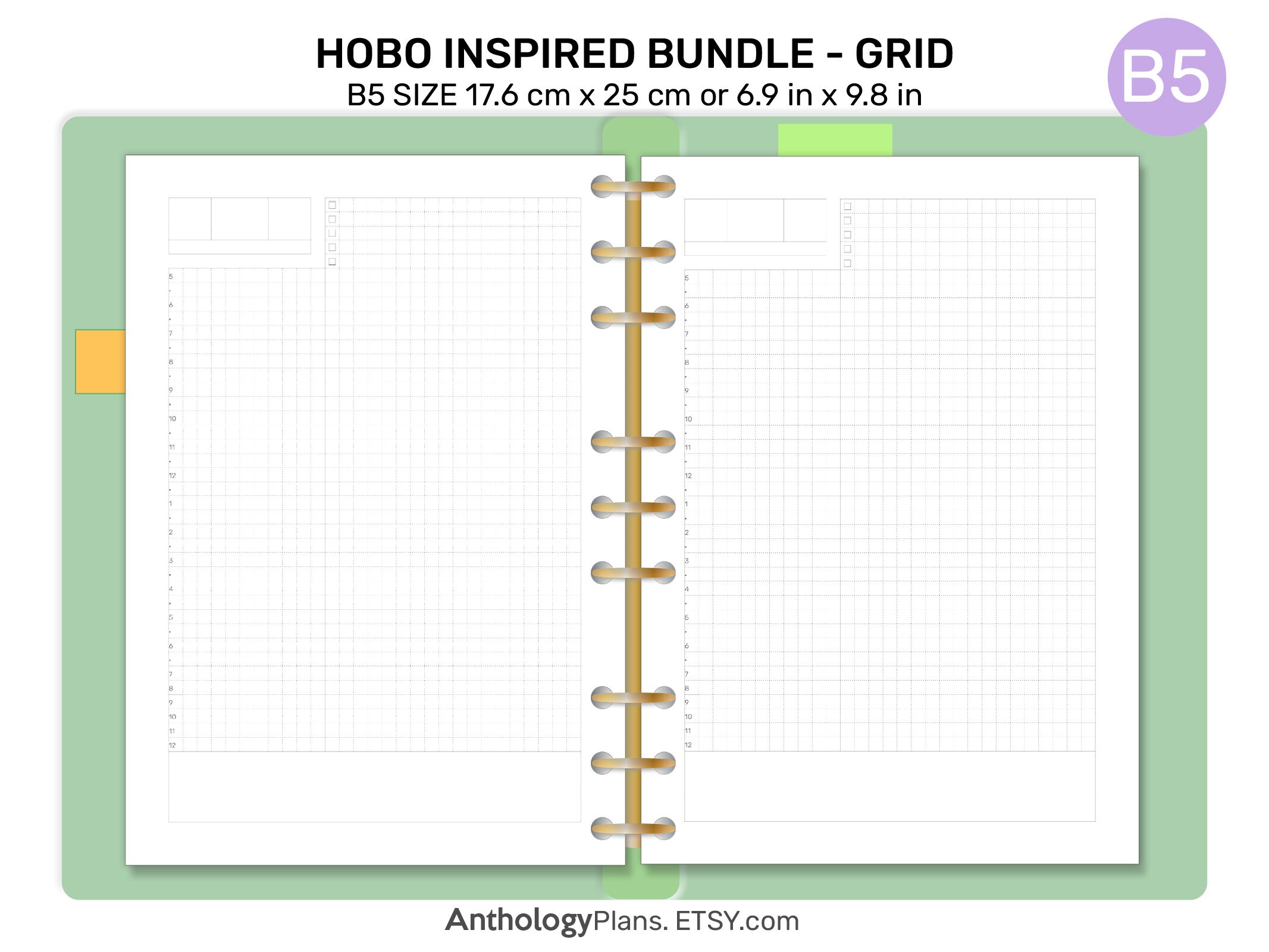 B5 Hobo Inspired Bundle Grid Printable Planner - Daily, Weekly, Monthly ...