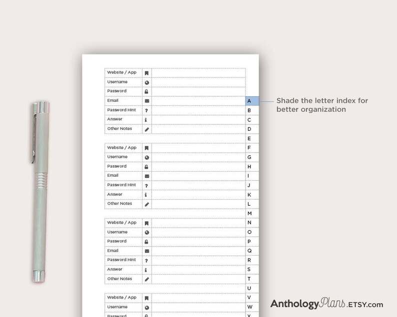 Personal Password Log Keeper Printable Insert for Ring Binders