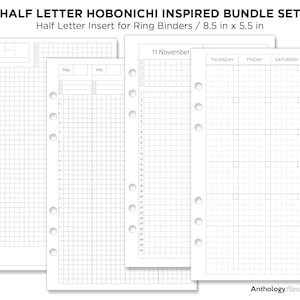 HALF LETTER Fauxbonichi Inspired BUNDLE Set Mensual, Semanal, Año de un vistazo, Recarga imprimible de cuadrícula funcional minimalista de página diaria