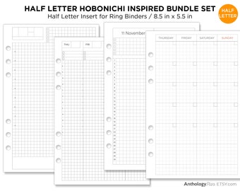 May include: A set of printable planner pages in a half letter size, 8.5 inches by 5.5 inches. The pages are designed for use in ring binders and feature a grid pattern. The pages include a weekly spread with days of the week labeled, a daily spread with numbered hours, and a blank grid page.