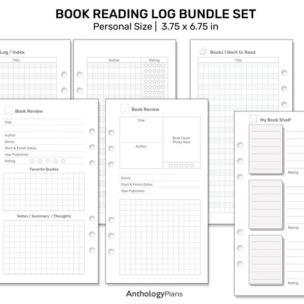 Book Reading LOG Set - BOOK REVIEW Printable Insert for Personal Size Ring Planner  FP032