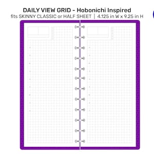Può includere: Un'agenda giornaliera viola con un layout a griglia, ispirata a Hobonichi. Si adatta ai quaderni Skinny Classic o Half Sheet e misura 10,5 cm di larghezza per 23,5 cm di altezza.