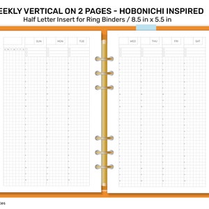 Inserción imprimible vertical semanal de media letra - Diseño GRID inspirado en HOBONICHI - Semana en 2 páginas - Inicio lunes o domingo