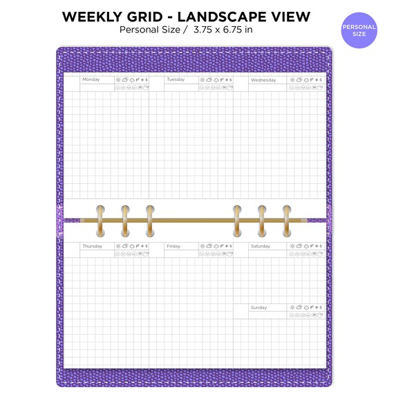Personal Ring WEEKLY LANDSCAPE Format GRID Printable Planner Insert