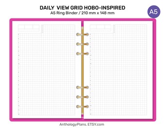May include: A5 size daily planner with a grid layout. The planner is designed to be used in a ring binder and has a pink cover. The planner is 8.27 inches by 5.83 inches.