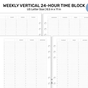 May include: Printable weekly planner template in US Letter size (8.5 x 11 inches). The template is designed for vertical time blocking and features a 24-hour time scale. Each day is divided into hourly sections with space for notes and appointments.