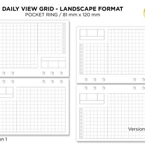 Pode incluir: Duas páginas em branco de grade de visualização diária em formato paisagem para um planejador de bolso com argolas. Cada página tem uma seção de grade e uma seção para notas. As páginas são etiquetadas como "Versão 1" e "Versão 2".