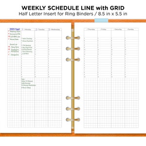 Formato forrado de citas con programación semanal de media letra con inserto imprimible GRID para planificador de carpetas de anillas