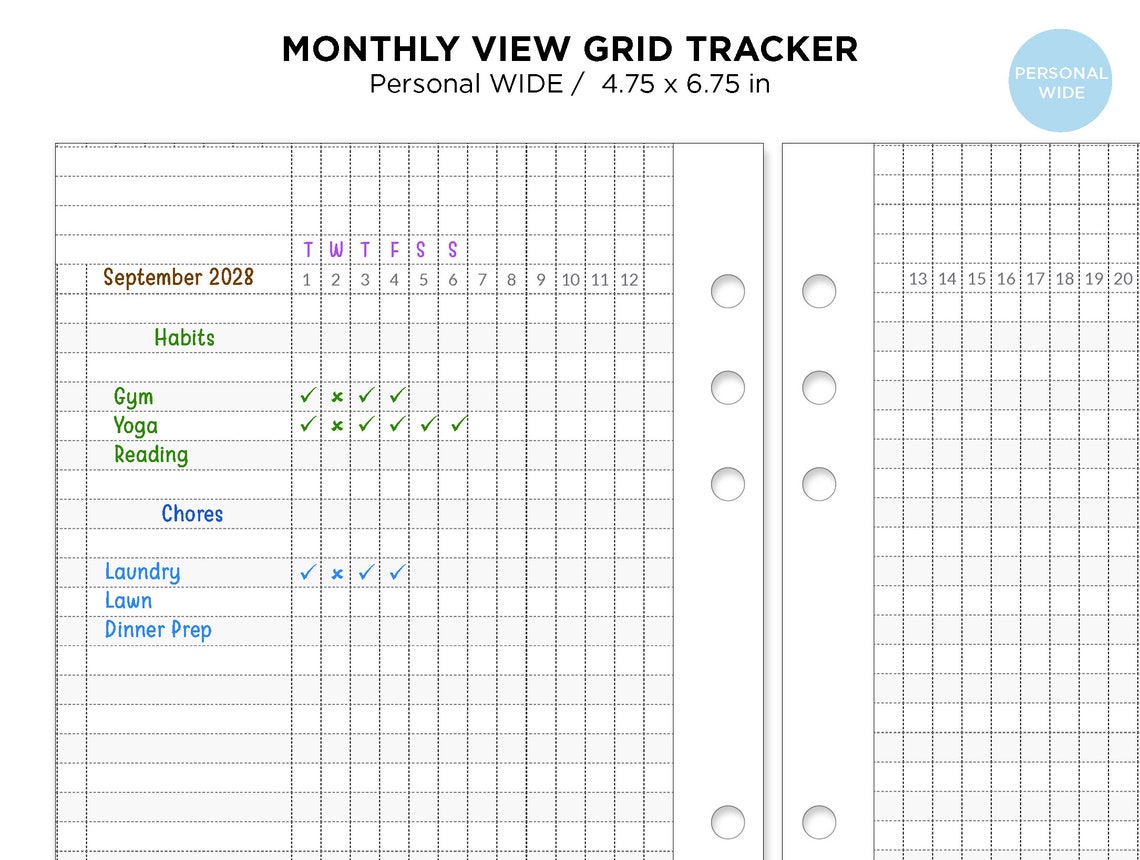Personal Wide Monthly Tracker GRID Printable Planner Insert - Etsy