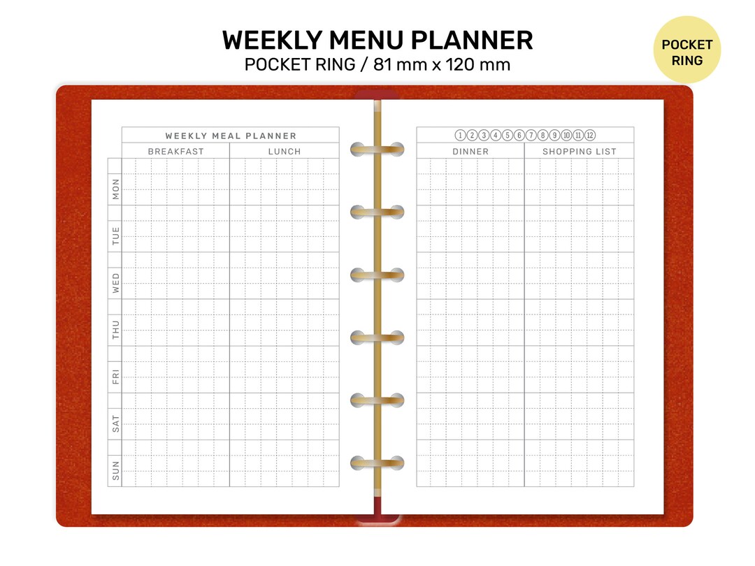 WEEKLY MENU Planner Pocket Ring Printable Planner Insert GRID ...