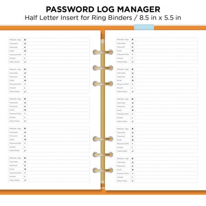 Half Letter PASSWORD Log Manager Printable Planner Insert Minimalist Functional