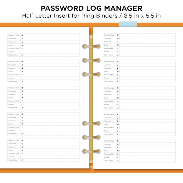 Half Letter PASSWORD Log Manager Printable Planner Insert Minimalist Functional