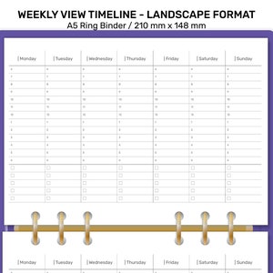 A5 Visualização Semanal Cronograma PAISAGEM Formato Inserção de planejador imprimível para fichário MINIMALISTA