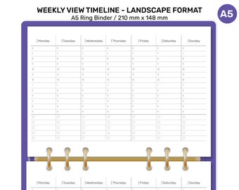 May include: A weekly planner in landscape format with a white background and black grid lines. The planner is designed for a ring binder and measures 8.27 inches by 5.83 inches. The planner has a column for each day of the week, with a time scale from 7 am to 7 pm. The planner is labeled "Weekly View Timeline - Landscape Format" and "A5 Ring Binder / 210 mm x 148 mm".