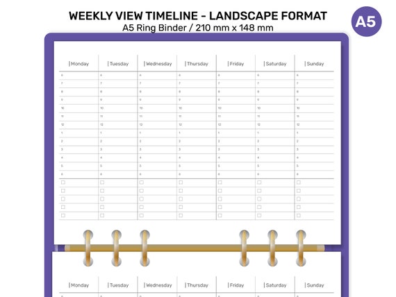 A5 Weekly View Timeline LANDSCAPE Format Printable Planner Insert for Ring Binder MINIMALIST