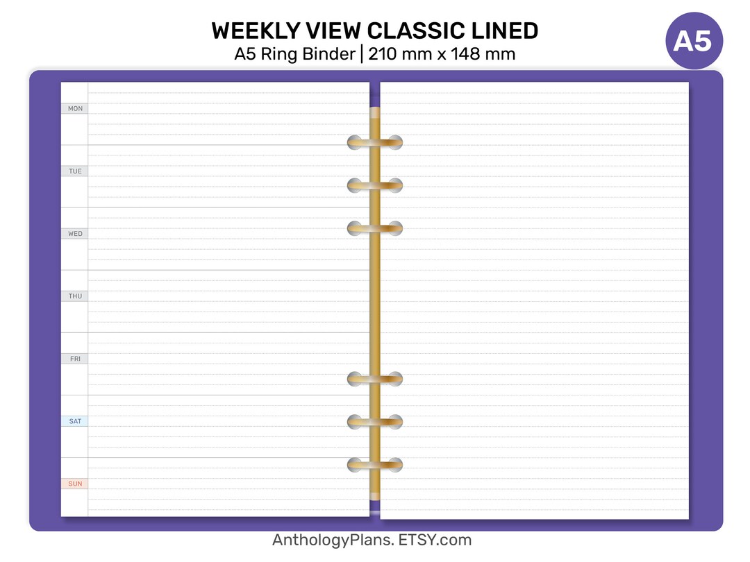 A5 Weekly HORIZONTAL LINED Minimalist Printable Insert for Ring Planner ...