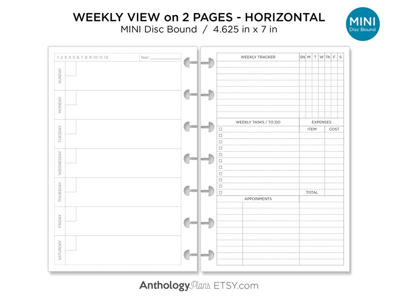 Weekly on 2 Pages Horizontal Minimalist Mini Discbound Fits Mini Happy ...