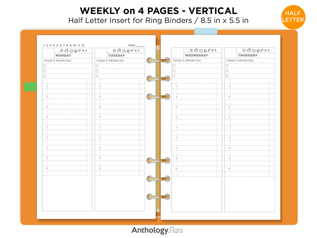 Half Letter Weekly on 4 Pages Vertical Printable Refill for Ring Binder ...