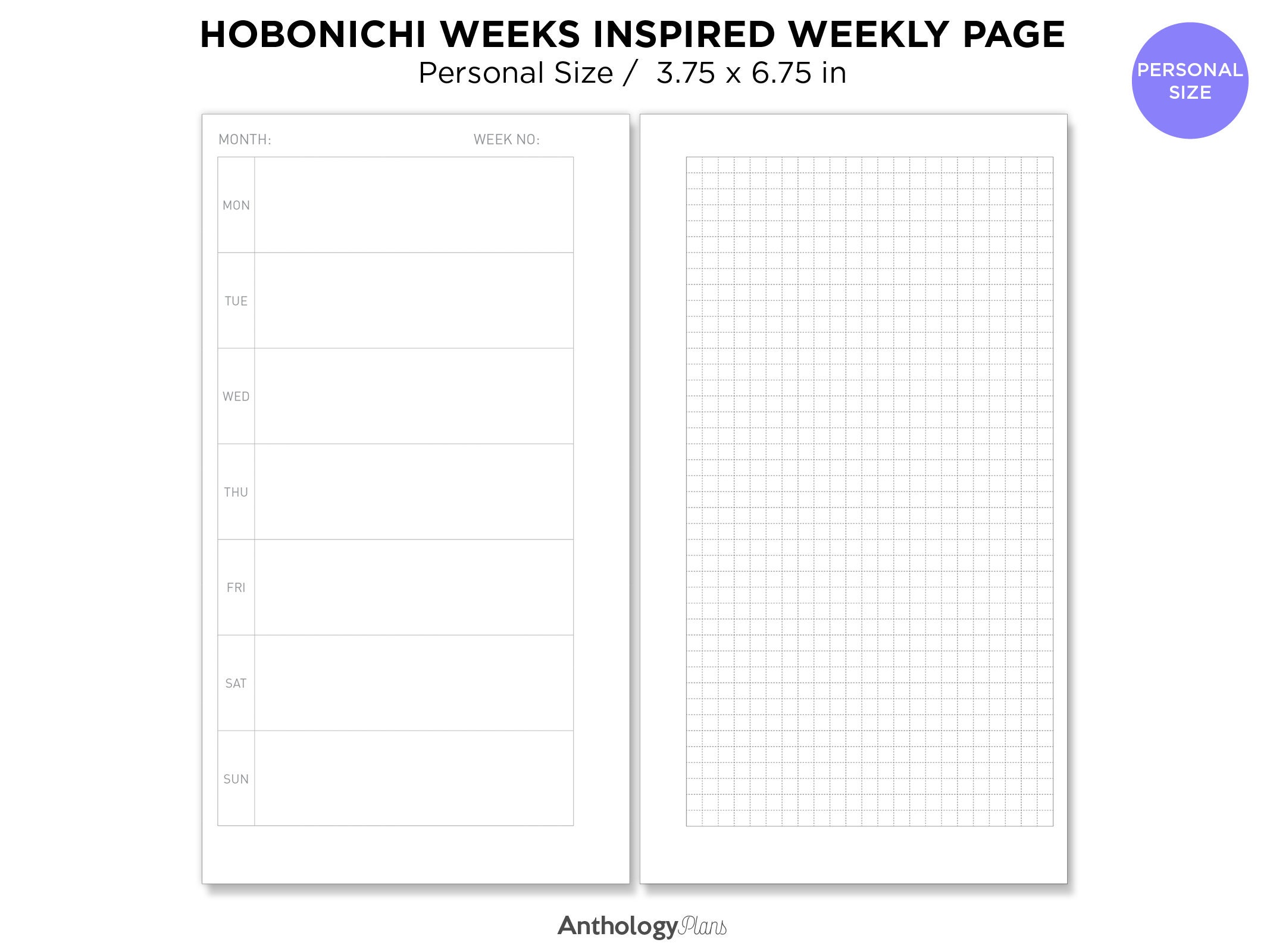PERSONAL Ring Hobonichi Weeks Inspired WEEKLY Horizontal PAGE Printable ...
