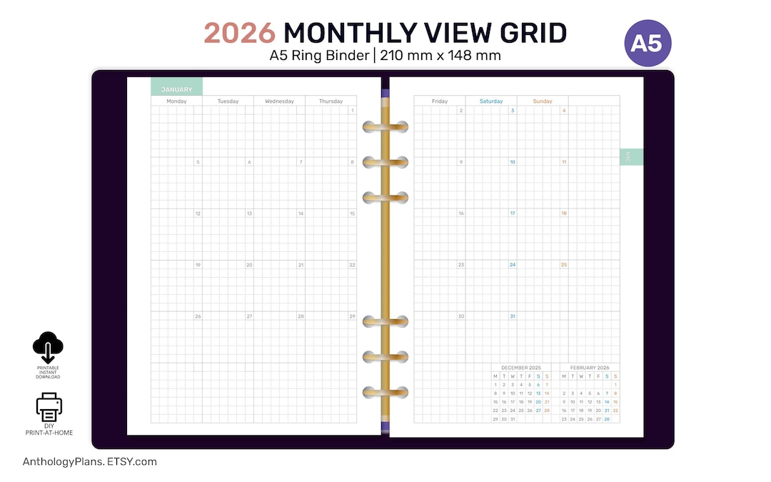 2026 A5 Monthly Planner Printable Planner GRID Month on 2 Pages, Mo2p ...