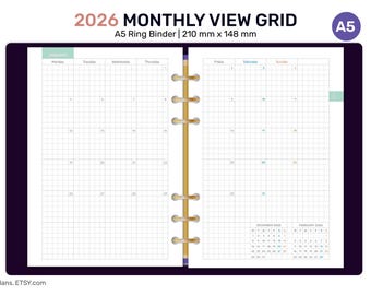 2026 A5 Monthly Planner Printable Planner GRID Month on 2 Pages, Mo2P, Minimalist PDF DFA5005-2026