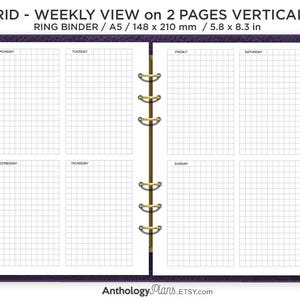 May include: A weekly planner with a grid layout, designed for a ring binder. The planner is divided into seven days of the week, with each day having its own grid. The planner is printed on white paper and has a purple cover.