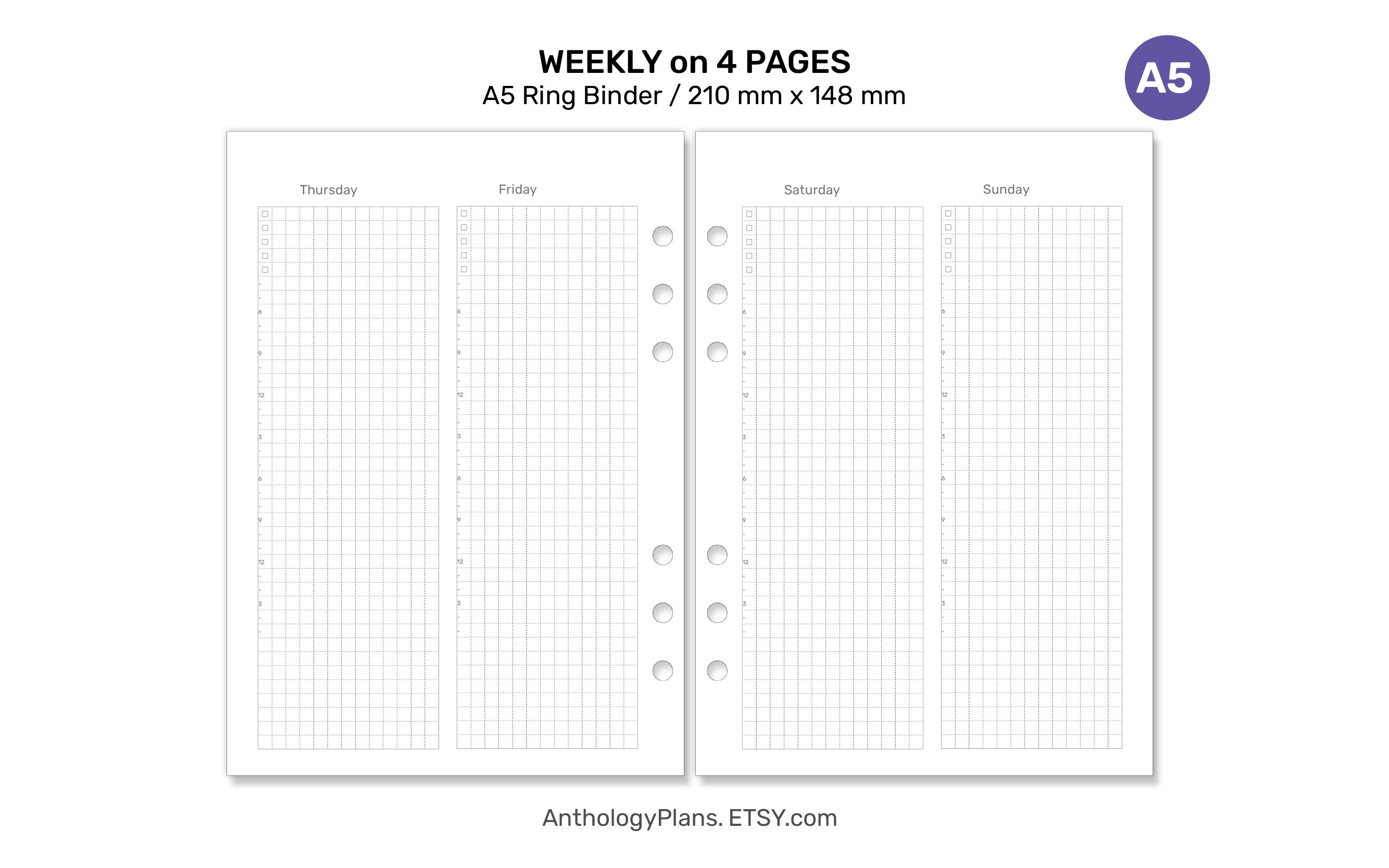 A5 Weekly on 4 Pages GRID Printable Planner Insert Ring Binder Planner ...