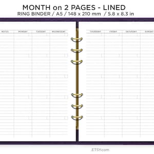 A5 Monthly on 2 Pages LINED  Printable Insert - Planner PDF - Mo2P - Minimalist - Undated - Monday or Start