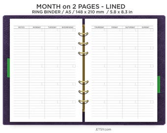 May include: A lined monthly planner with a ring binder, designed for A5 size paper, measuring 5.8 by 8.3 inches. The planner has a purple cover and includes columns for each day of the week, along with a notes section.