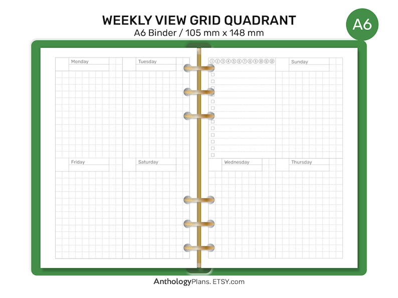 A6 WEEKLY VIEW Quadrant Grid Printable Planner Insert for Ring Planner ...