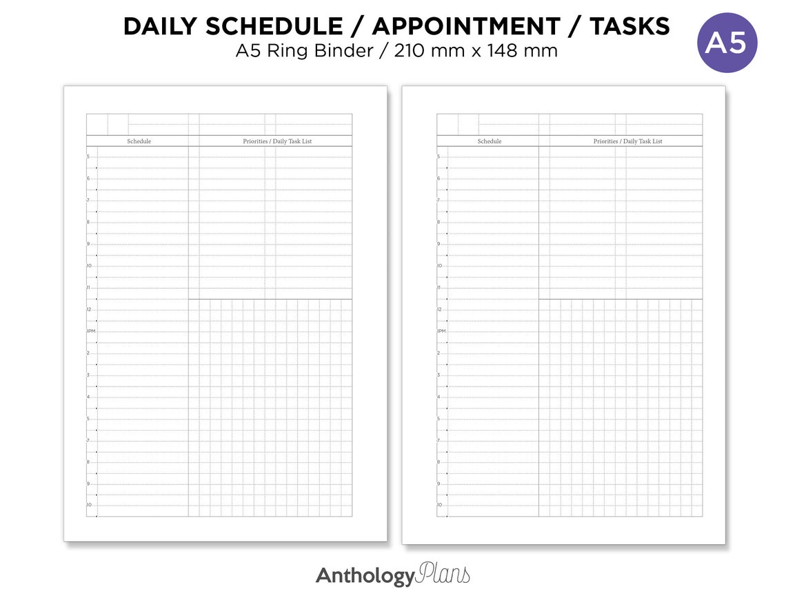 A5 Planner Refill Printable DAILY Schedule Appointment Tasks DO1P for ...