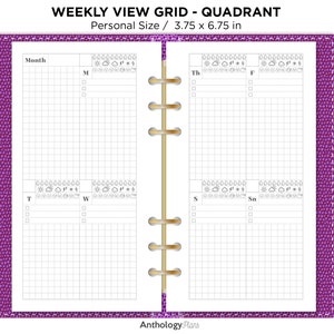 Op de afbeelding: Een weekplanner met een paarse kaft en een rasterindeling. De planner is verdeeld in zeven secties voor elke dag van de week, met ruimte voor notities en afspraken. De planner is 3,75 inch bij 6,75 inch.