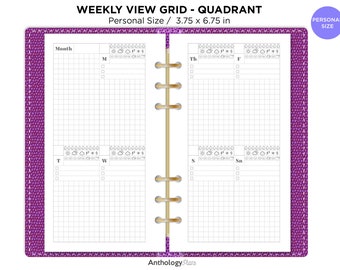 May include: A weekly planner with a purple cover and a grid layout. The planner is divided into seven sections for each day of the week, with space for notes and appointments. The planner is 3.75 inches by 6.75 inches.