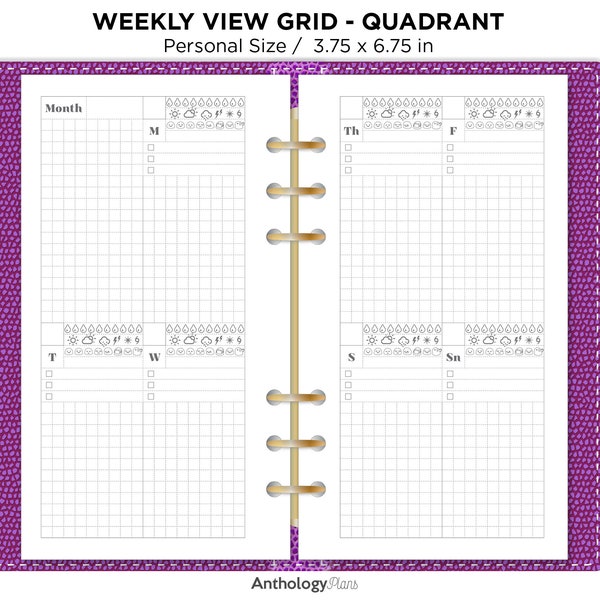 Personal Ring Weekly View on 2 Pages GRID Quadrant Undated MONDAY or SUNDAY Start FP025