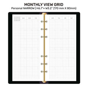 Peut inclure: Une page de planificateur mensuel quadrillée en noir et blanc pour un planificateur de taille personnelle. La page mesure 17 cm de haut et 8 cm de large. La page est divisée en jours de la semaine, avec une grille pour chaque jour. La page est conçue pour être utilisée avec un planificateur de taille personnelle.
